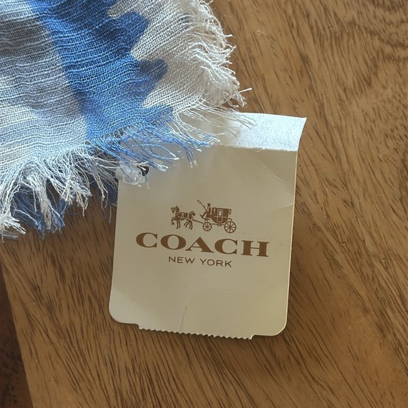 NWT Coach Fire Dance Fringed Shawl In Blue, Cream And Tan Linen Blend - Picture 6 of 8